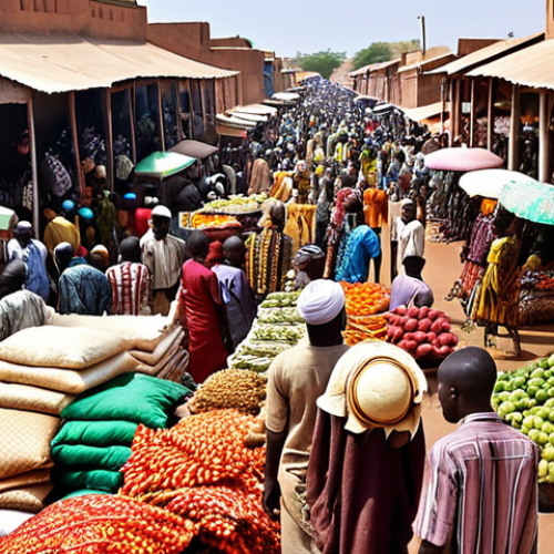 Home 8 **Image:** A busy marketplace in Bamako, Mali. Show a diverse crowd of people, colorful fabrics, and local vendors selling fresh produce and street food. Emphasize the vibrant culture and bustling atmosphere.
