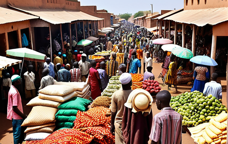 **Image:** A busy marketplace in Bamako, Mali. Show a diverse crowd of people, colorful fabrics, and local vendors selling fresh produce and street food. Emphasize the vibrant culture and bustling atmosphere.